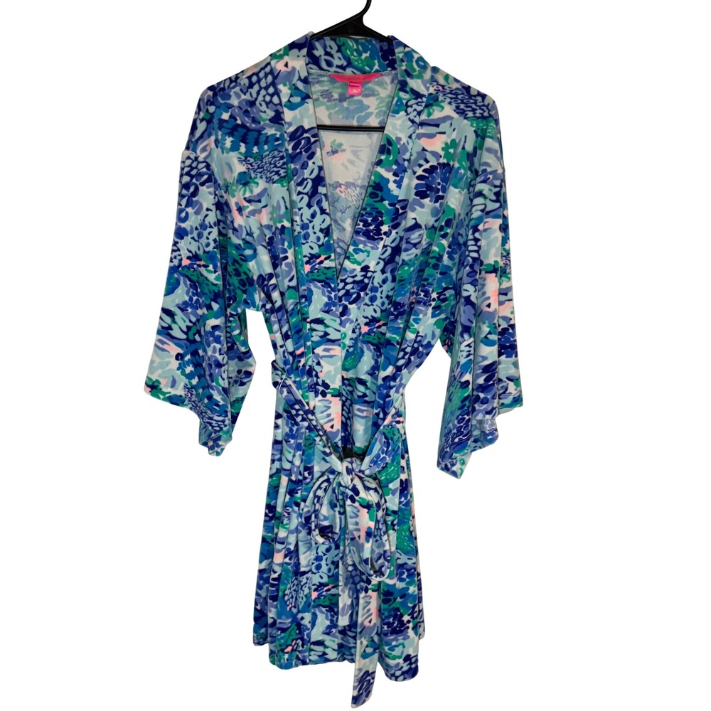 Lilly Pulitzer Blue Green Abstract Print Wrap Robe 3/4 Sleeve Size XS/S RN88189